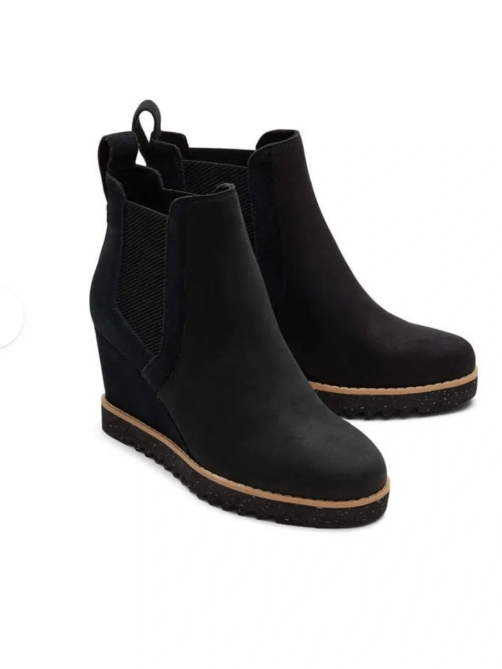 New Toms Maddie Black Wedge Boot - Women Pull On Leather 3 1/4” Heel Size 6.5
